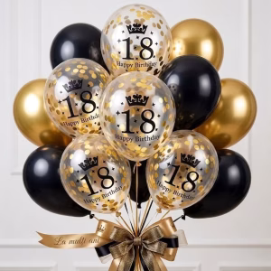 Set 15 baloane latex aniversare 18 ani negru, auriu cromat si confetti 30 cm Buchet elegant format din set 15 baloane latex aniversare 18 ani negru auriu cromat si confetti pentru petrecere de majorat