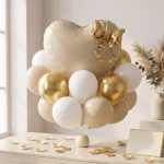 Set 16 Baloane Folie Inima Bej cu Fundita Aurie si Latex Set 16 baloane premium inima bej sand white cu fundita aurie tridimensionala atasata separat si baloane latex asortate auriu alb.