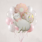 Set 18 Baloane Folie si Latex Tematica Pisica Buchet din 18 baloane premium tematica pisica aristocrata alba cu fundita roz floare pastel folie rotunda cu buline si baloane latex transparente albe si roz.
