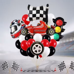 Set 20 Baloane Folie si Latex Tematica Masini de Curse Buchet din 20 baloane premium tematica curse auto formula 1 cu figurina masina rosie semafor casca steag roata si baloane latex rosu negru alb.