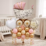 Set 21 Baloane Folie si Latex Carucior Vintage Roz Buchet 21 baloane premium aranjament carucior vintage roz inima alba balon oh baby floral si baloane latex auriu chrome bej si roz pentru decoratiuni petreceri.