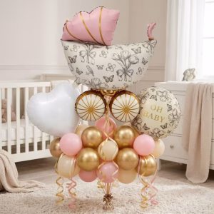 Set 21 Baloane Folie si Latex Carucior Vintage Roz Buchet 21 baloane premium aranjament carucior vintage roz inima alba balon oh baby floral si baloane latex auriu chrome bej si roz pentru decoratiuni petreceri.
