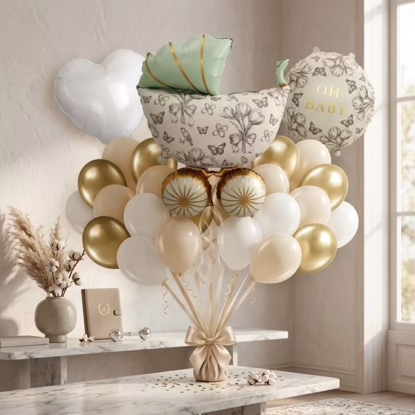 Set 21 Baloane Folie si Latex Carucior Vintage si Inima Buchet 21 baloane premium aranjament carucior vintage inima alba balon oh baby floral si baloane latex auriu chrome alb sand white pentru decoratiuni petreceri.