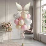 Set 23 Baloane Folie si Latex Fluture Ivory si Inimi Buchet 23 baloane premium aranjament fluture ivory gigant inimi albe si baloane latex pastel roz pal crem pentru decoratiuni petreceri.