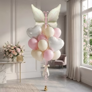 Set 23 Baloane Folie si Latex Fluture Ivory si Inimi Buchet 23 baloane premium aranjament fluture ivory gigant inimi albe si baloane latex pastel roz pal crem pentru decoratiuni petreceri.