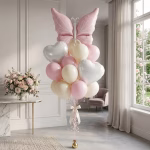 Set 23 Baloane Folie si Latex Fluture Roz Pal si Inimi Buchet 23 baloane premium aranjament fluture roz gigant inimi albe si baloane latex pastel roz pal ivory pentru decoratiuni petreceri.