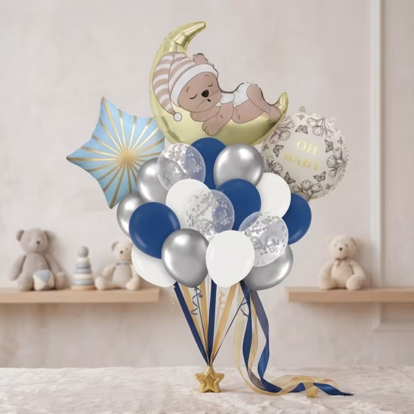 Set 25 Baloane Folie si Latex Ursulet pe Luna si Stea Bleumarin Buchet 25 baloane premium aranjament ursulet adormit pe semiluna aurie stea bleu cu raze si baloane latex pastel bleumarin alb argintiu chrome si confetti pentru decoratiuni petreceri.