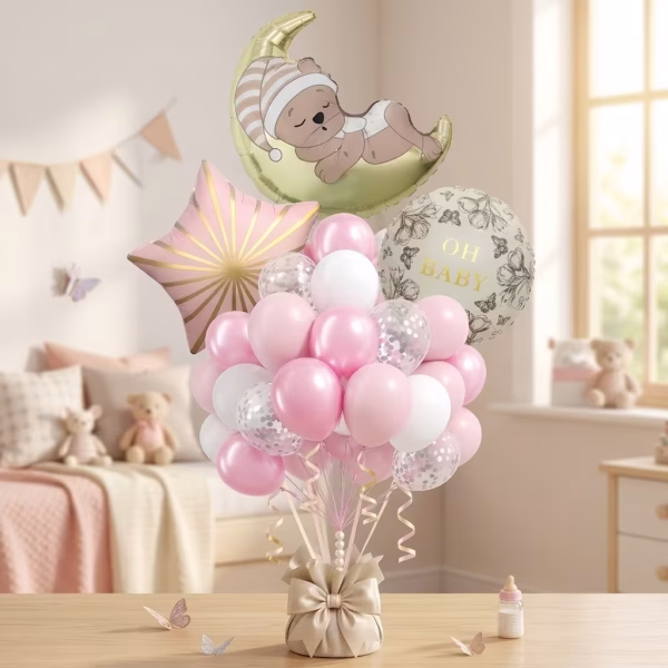 Set 25 Baloane Folie si Latex Ursulet pe Luna si Stea Roz Buchet 25 baloane premium aranjament ursulet adormit pe semiluna aurie stea roz cu raze si baloane latex pastel roz alb cu confetti argintii pentru decoratiuni petreceri.