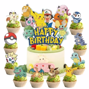 Set 25 Toppere Tort si Briose Pokemon Carton Happy Birthday set 25 toppere tort briose pokemon pikachu ash carton decoratiuni petrecere baieti candy bar
