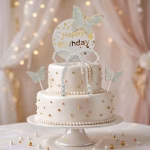 Set 3 Toppere Tort Happy Birthday cu Fluturi si Fundita Perle set 3 toppere tort happy birthday fluturi fundita perle albe decoratiuni petrecere fete elegant coquette