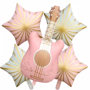 Set 5 Baloane Folie Chitara Set 5 baloane din folie premium format din figurina chitara acustica roz si patru stele pastelate cu raze aurii dimensiuni 90x46 cm si 45 cm.