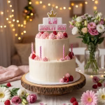 Set 5 Lumanari La Multi Ani Roz Placa si Lumanari Lungi Set format dintr-o placa cu mesajul la multi ani si patru lumanari lungi roz fixate pe un tort festiv