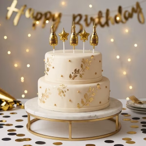 Set 5 Lumanari Sampanie si Stele Auriu 11 cm Cinci lumanari aurii in forma de sticle de sampanie si stele cu tija din plastic infipte intr-un tort elegant