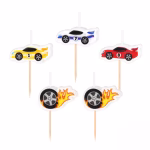 Set 5 Lumanari Tort Masinute de Curse si Roti in Flacari Set 5 lumanari pentru tort in forma de bolizi de curse si anvelope in flacari cu tije din lemn