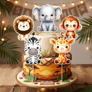 Set 5 Toppere Tort Carton Safari Animale Salbatice set 5 toppere tort carton safari animale salbatice decoratiuni petrecere baieti fete