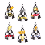 Set 6 Coifuri Petrecere Tematica Masini Curse Racing cu Stickere Set de 6 coifuri de petrecere din carton, tematica masini de curse racing, design in carouri alb-negru tip steag finish, include etichete personalizabile 3D (trofeu, masini, viteza) si benzi elastice, inaltime 16 cm.