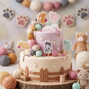 Set 6 Lumanari Tort Tematica Pisici Set de 6 lumanari pentru tort in forma de pisici dragalase in culori pastelate jucandu-se cu ghemuri de ata Set 6 lumanari tort pisici in culori pastel asezate pe un tort etajat decorat tematic cu ghemuri de ata si amprente de labute