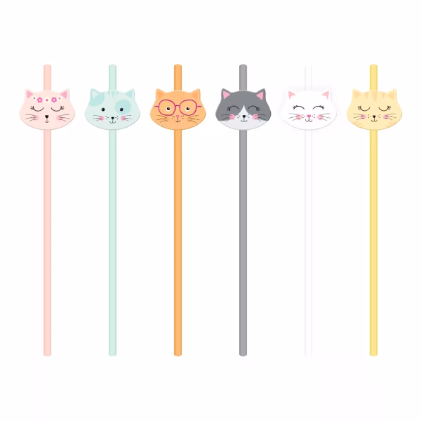 Set 6 Paie din Hârtie cu Figurine Pisici pentru Petreceri Tematice Set sase paie din hartie ecologica cu fete de pisicute colorate pentru petreceri