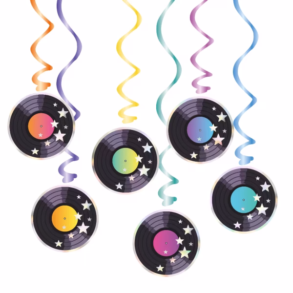 Set 6 Spirale Decorative Retro Disco cu Discuri 85 cm Set de 6 spirale decorative suspendate, colorate, prevazute cu decupaje din carton in forma de discuri de vinil retro, lungime 85 cm.