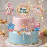 Set 6 Toppere Tort Carton Unicorn Pastel Rainbow set 6 toppere tort carton unicorn decoratiuni petrecere fete roz pastel