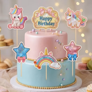 Set 6 Toppere Tort Carton Unicorn Pastel Rainbow set 6 toppere tort carton unicorn decoratiuni petrecere fete roz pastel