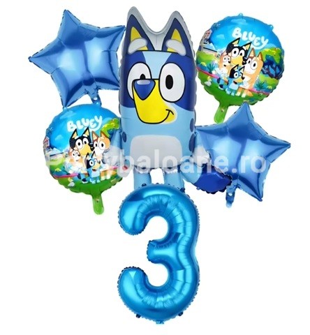 Set 6 Baloane Folie Familia Bluey cu Cifra 3 Albastra 100 cm Set 6 baloane din folie metalizata pentru aniversarea de 3 ani cu personajul Bluey