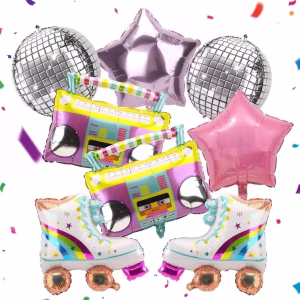 Set 8 Baloane Folie Tematica Retro Disco Set premium de 8 baloane din folie cu tematica retro disco anii 80 si 90, continand radiocasetofoane, patine cu rotile curcubeu, stele si globuri disco Orbz argintii.