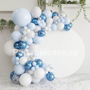 Set Arcada Baloane Botez Baiat Alb Albastru si Chrome (120 Piese) Set arcada ghirlanda baloane pentru baieti 120 piese culori alb pur bleu deschis macaron albastru inchis metalizat chrome si transparente cu confetti.