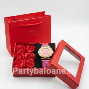 Set Cadou Premium Ceas Elegant Roz de Damă și Trandafiri de Săpun Parfumați (Include Pungă Cadou)