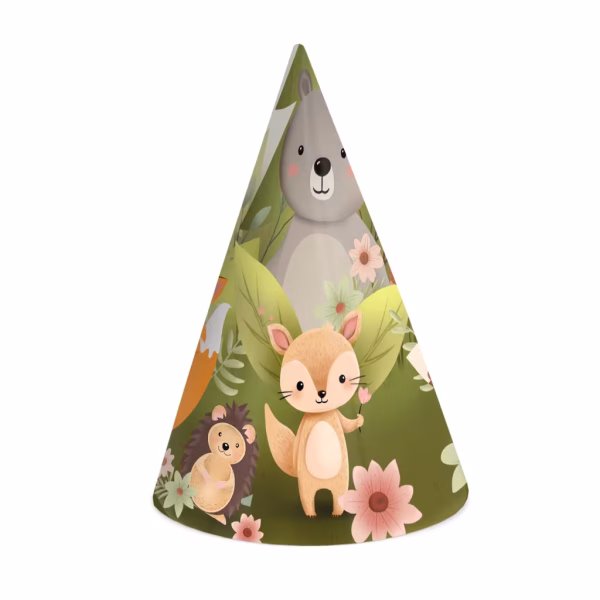 Set Coifuri Petrecere Tematica Prietenii Padurii cu Animale Woodland 16x10 cm Set 6 coifuri de petrecere din carton, tematica prietenii padurii, design cu urs, vulpe si arici pe fundal verde, cu banda elastica, inaltime 16 cm.
