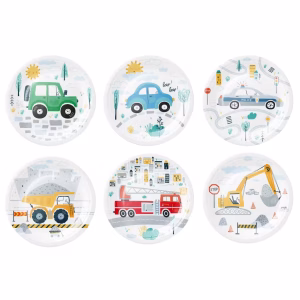 Set Farfurii din Carton Tematica Masini si Utilaje de Constructii 18 cm Set de 6 farfurii din carton pentru petreceri copii, diametru 18 cm, tematica masini si utilaje cu ilustratii diferite: masina de politie, pompieri, excavator.