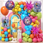 Set Ghirlanda Arcada Baloane Multicolor K-Pop Demon Hunters cu Stele 3D (119 Piese) Kit arcada baloane petrecere K-Pop Demon Hunters cu 119 piese, contine baloane latex multicolore, 4 baloane folie personaje si 2 stele 3D fucsia, usor de montat.