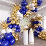 Set Ghirlanda Baloane Eleganta Albastru, Auriu Chrome, Confetti si Stele 4D (133 Piese) - COD 534 Kit complet pentru ghirlanda de baloane eleganta, contine 130 baloane din latex albastru regal, auriu chrome, alb si transparente cu confetti, plus 3 baloane folie stea 4D de 55 cm si accesorii de montaj.