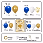 Set Ghirlanda Baloane Eleganta Albastru, Auriu Chrome, Confetti si Stele 4D (133 Piese) - COD 534 Kit complet pentru ghirlanda de baloane eleganta, contine 130 baloane din latex albastru regal, auriu chrome, alb si transparente cu confetti, plus 3 baloane folie stea 4D de 55 cm si accesorii de montaj.