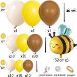 Set Ghirlanda Baloane Tematica Albina si Miere - COD 525 Kit complet pentru ghirlanda de baloane cu tematica albina, contine 123 baloane din latex in nuante de mocha, sand white si portocaliu retro (dimensiuni 12 cm, 25 cm, 45 cm), 3 baloane folie albinute zambitoare, banda arcada, puncte de lipici si panglica.