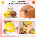 Set Ghirlanda Baloane Tematica Albina si Miere - COD 525 Kit complet pentru ghirlanda de baloane cu tematica albina, contine 123 baloane din latex in nuante de mocha, sand white si portocaliu retro (dimensiuni 12 cm, 25 cm, 45 cm), 3 baloane folie albinute zambitoare, banda arcada, puncte de lipici si panglica.