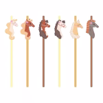 Set Paie din Hartie pentru Bauturi Tematica Cai si Echitatie 19.5 cm Set de 6 paie ecologice din hartie pentru petreceri copii, tematica cai si echitatie, paie in culori pastelate decorate cu 6 decupaje diferite reprezentand capete de caluti.