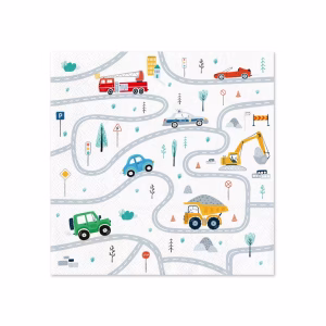 Set Servetele de Masa Tematica Masini Sosea si Utilaje 33x33 cm Set 10 servetele de masa din hartie, tematica masini si utilaje de constructii, design detaliat cu sosele serpuite si vehicule in actiune, dimensiune 33x33 cm.