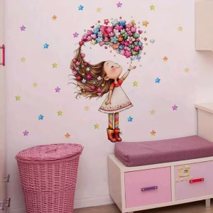 Sticker fetita cu par din stele cod 543 Sticker fetita cu par din stele si flori colorate aplicat pe perete