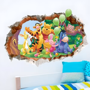 Sticker perete Winnie the Pooh 3D cod 577B Sticker perete Winnie the Pooh 3D cu efect de zid spart aplicat in camera deasupra patului