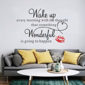 Sticker perete citat motivational wake up cod 568 Sticker perete citat motivational wake up cu sarut rosu aplicat in living deasupra canapelei