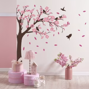 Sticker perete copac cu flori roz cod 562 Sticker perete copac cu flori roz si pasari aplicat pe peretele din living