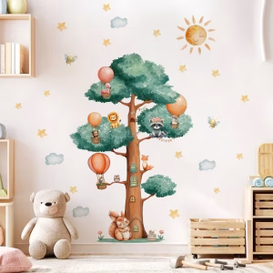 Sticker pom cu animale perete cod 551 Sticker pom cu animale perete cu baloane norisori si soare aplicat in camera