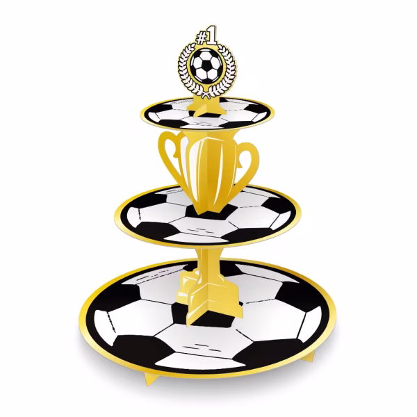 Suport Briose Tematica Fotbal Premium 34x41 cm Suport supraetajat pentru briose si prajituri cu tematica fotbal, 3 etaje cu imprimeu minge de fotbal si pilon central tip trofeu auriu, din carton gros, 34x41 cm.
