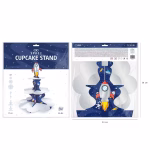 Suport pentru Briose si Prajituri Tematica Astronaut Cosmos Premium 46x34 cm Suport supraetajat din carton pentru prajituri si briose, tematica spatiu cosmic si astronauti, prevazut cu racheta 3D in varf si tavi cu finisaj argintiu lucios, 46x34 cm.