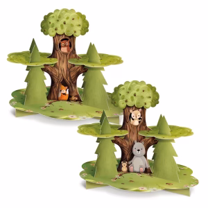 Suport pentru Tort si Briose Tematica Prietenii Padurii Animale Woodland 40x32 cm Suport 3D din carton pentru tort si briose, tematica prietenii padurii woodland, design fata verso cu copac, brazi si animale, dimensiune 40x32 cm.