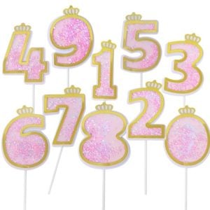 Topper Tort Cifra 0-9 Roz cu Coronita si Sclipici (Pink Gold) Un set de toppere decorative din plastic pentru tort