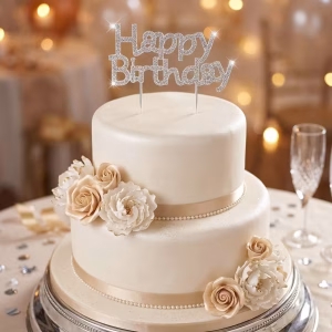 Topper Tort Happy Birthday Argintiu Metalic cu Strasuri