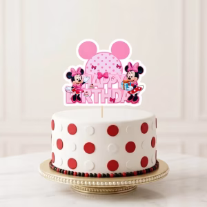 Topper Tort Happy Birthday Minnie Mouse Roz Carton 14.5x12 cm topper tort happy birthday minnie mouse roz decoratiuni petrecere fete carton disney fundite