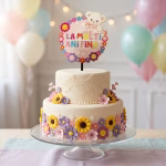 Topper Tort Plexiglas La Multi Ani Fina Roz Ursulet 15 cm topper tort la multi ani fina plexiglas roz ursulet flori decoratiuni petrecere fete ruperea turtei acril